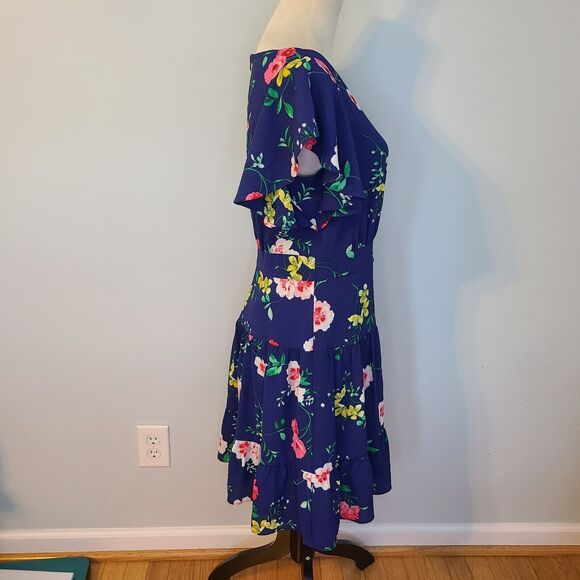 Eliza J Navy Blue Floral Mini Dress Women 14 Flutter Sleeve Fairy Cottagecore - Picture 4 of 15
